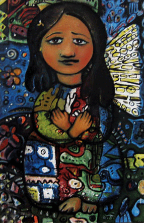 A colorful painting of a young girl with dark hair and sad eyes, surrounded by whimsical, abstract patterns and bright designs.