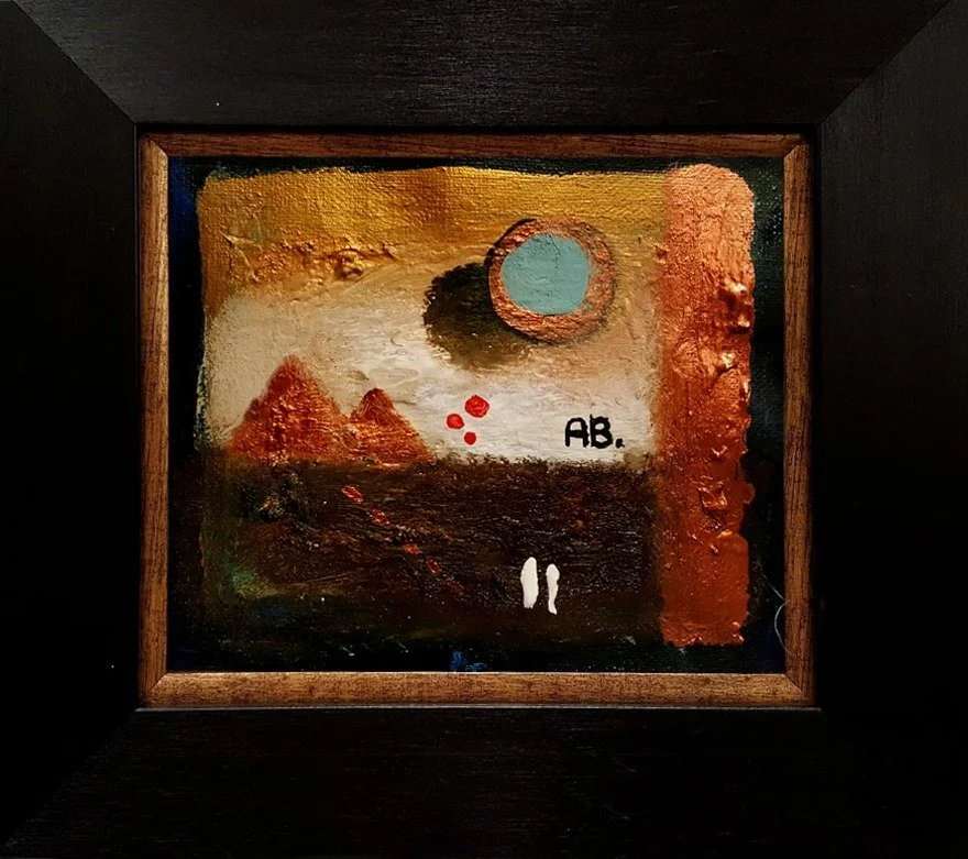 Abstract painting with pyramids, a large circle, and textured brushstrokes, signed 'AB.'