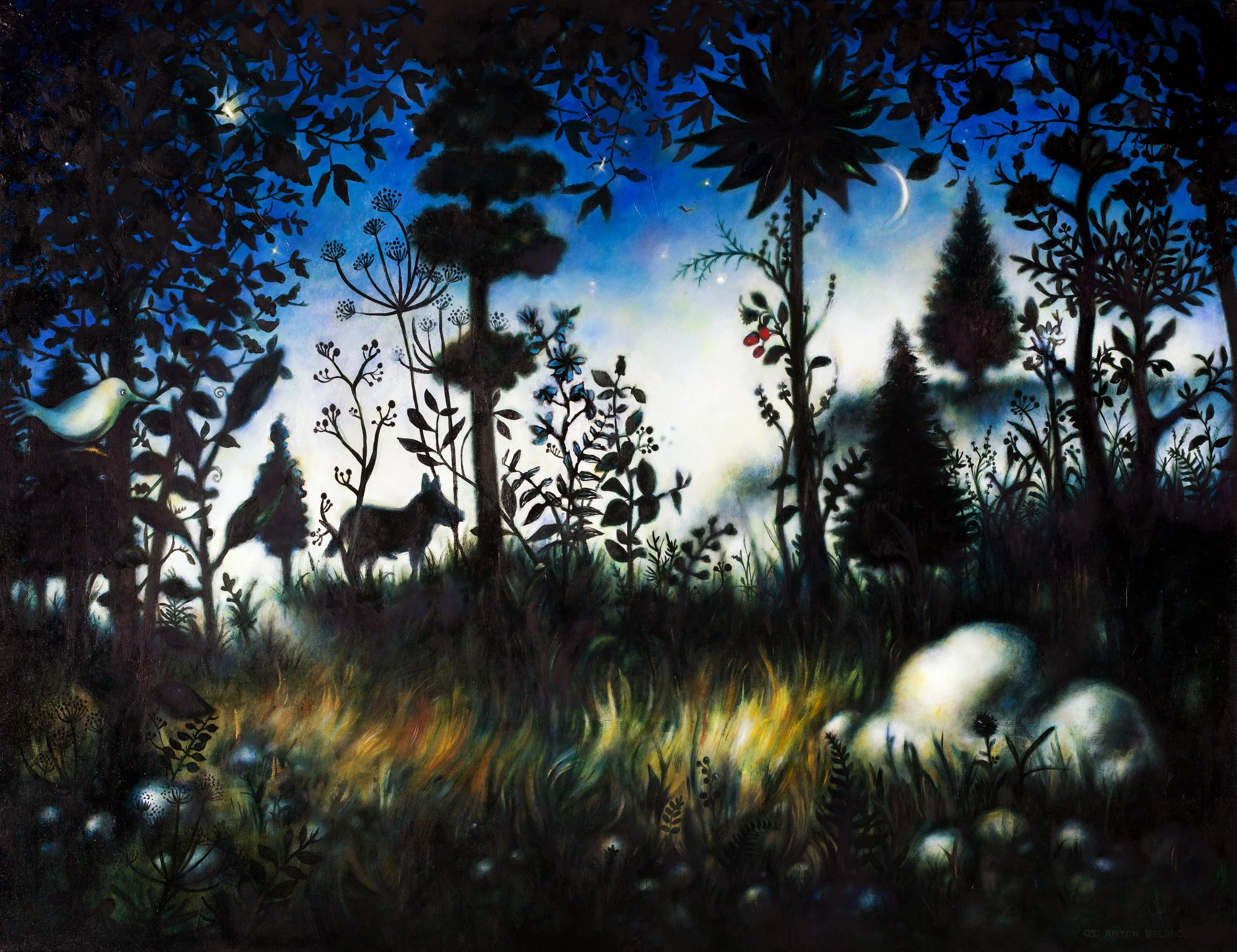 A lush, dark forest scene at night with silhouettes of various trees, plants, birds, a cow, and a moon in the sky.