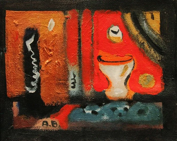 Abstract painting featuring a smiling white cup on an orange background with black and gray accents, signed 'A.B.' at the bottom left.