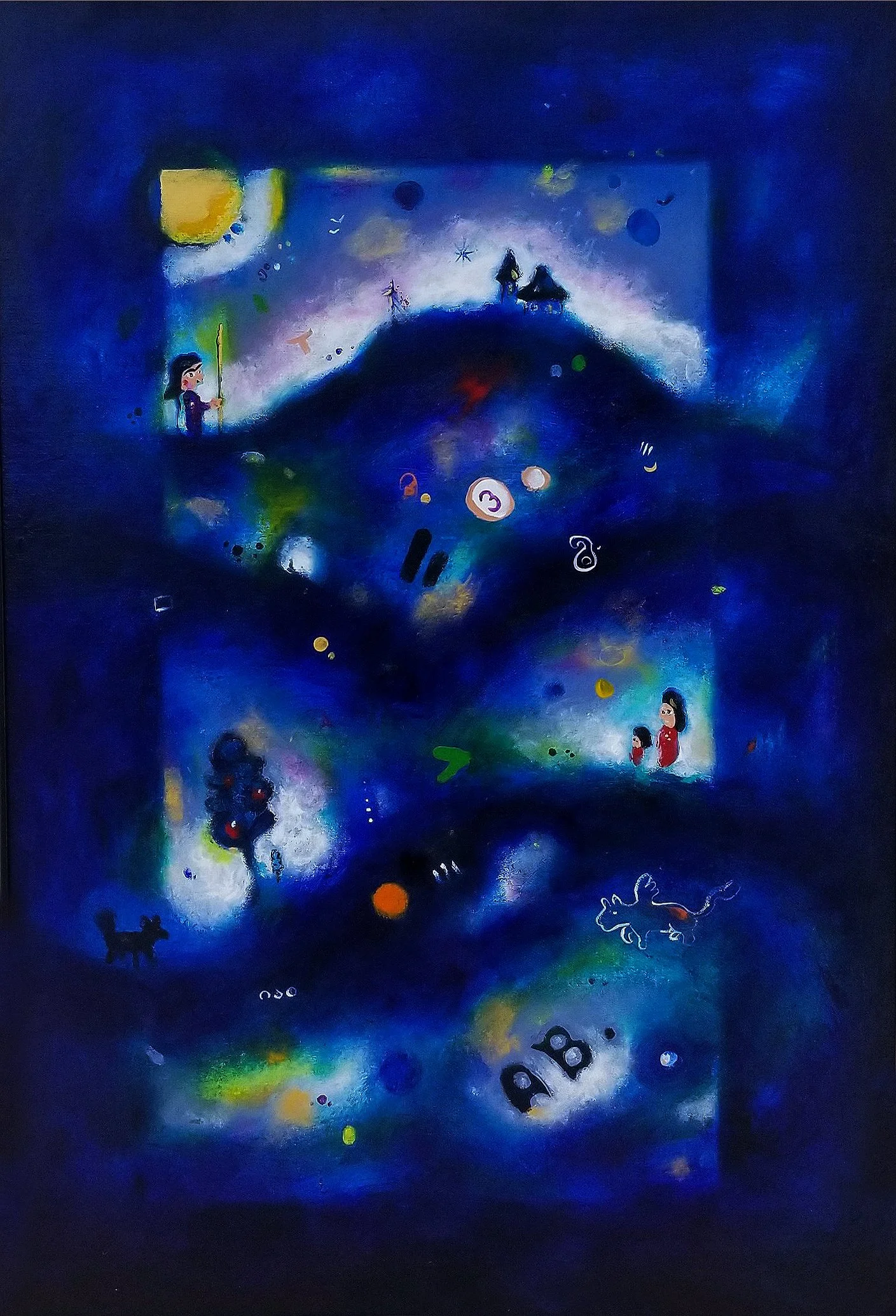 A colorful abstract painting featuring various small scenes with children, animals, and whimsical elements, set against a predominantly dark blue background.