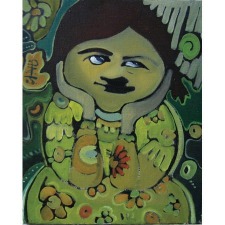 Painting of a woman with dark hair, resting her face on her hands, surrounded by colorful abstract shapes and patterns.