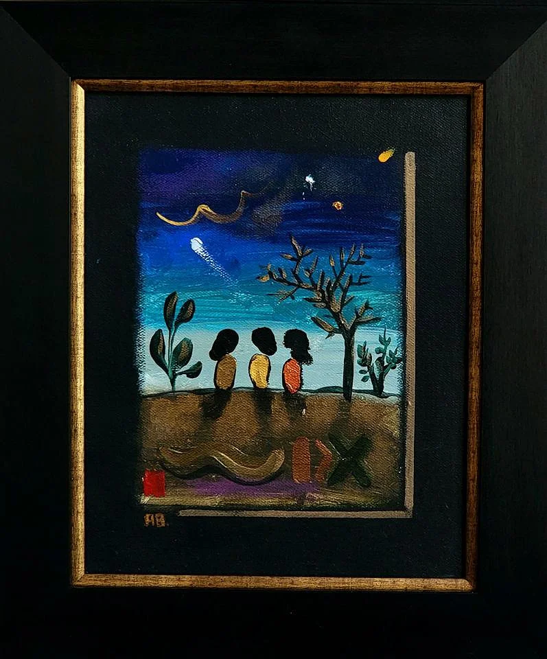 A painting of three people sitting on a hill under a night sky, with stars, a moon, and a tree, surrounded by a dark frame.
