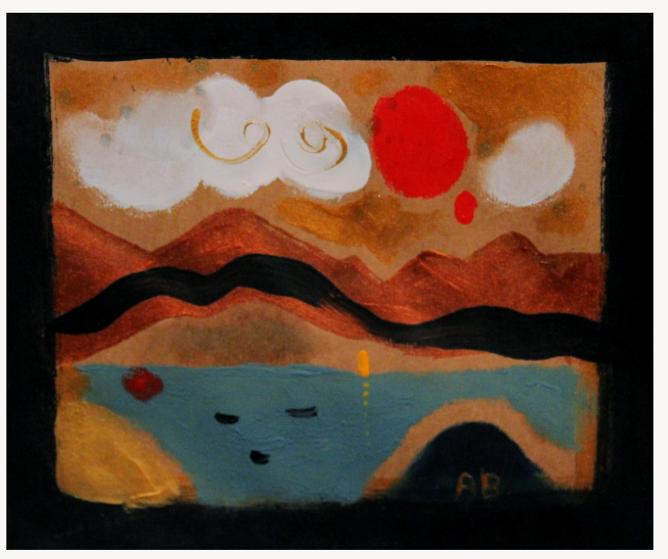 Abstract landscape painting featuring mountains, a body of water, a red sun, clouds, and stylized elements in warm tones.
