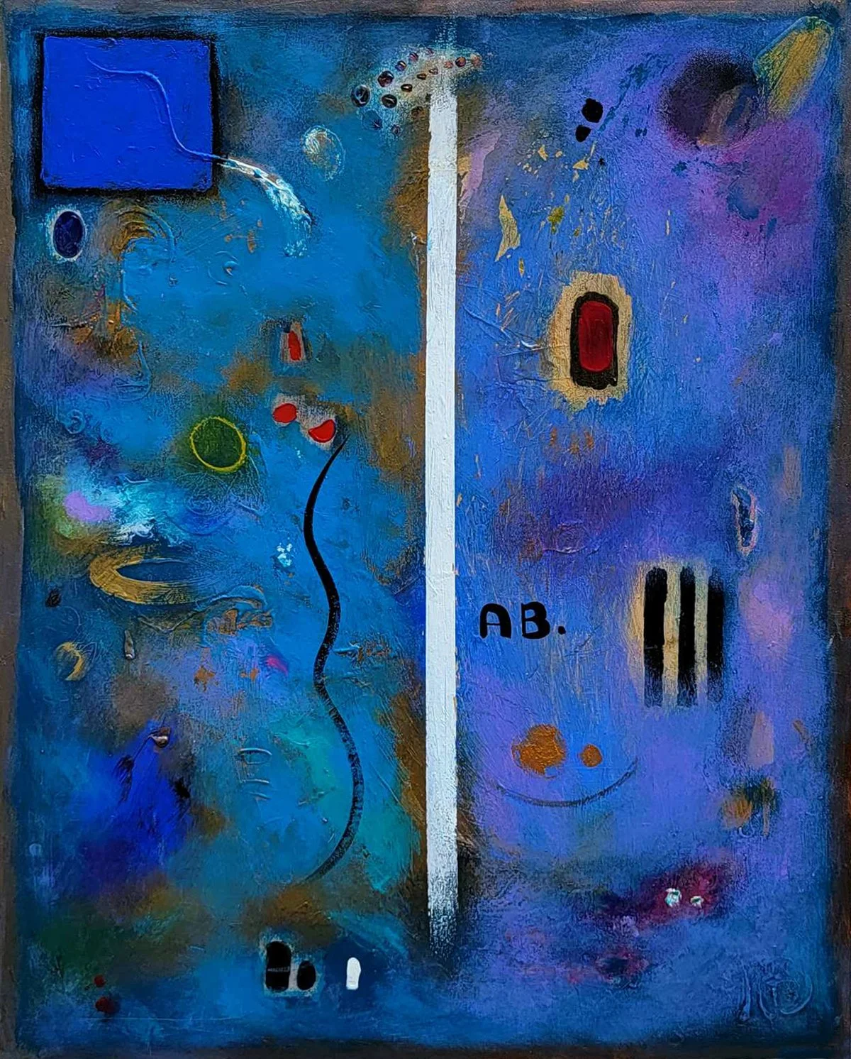 An abstract painting divided into two sections by a white line. The left side features a blue background with various colorful shapes and patterns, including a small blue square in the upper left corner with a string attached, and a yellow circle. Re