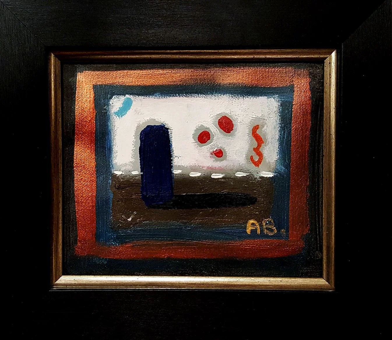 Abstract modern painting with various colored shapes on a dark background, signed 'A.S.' in the lower right corner.