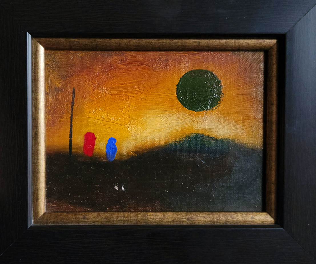 Anton Balanchivadze, abstract painting with a sunset background, a large green sphere, and two small humanoid figures in red and blue.
