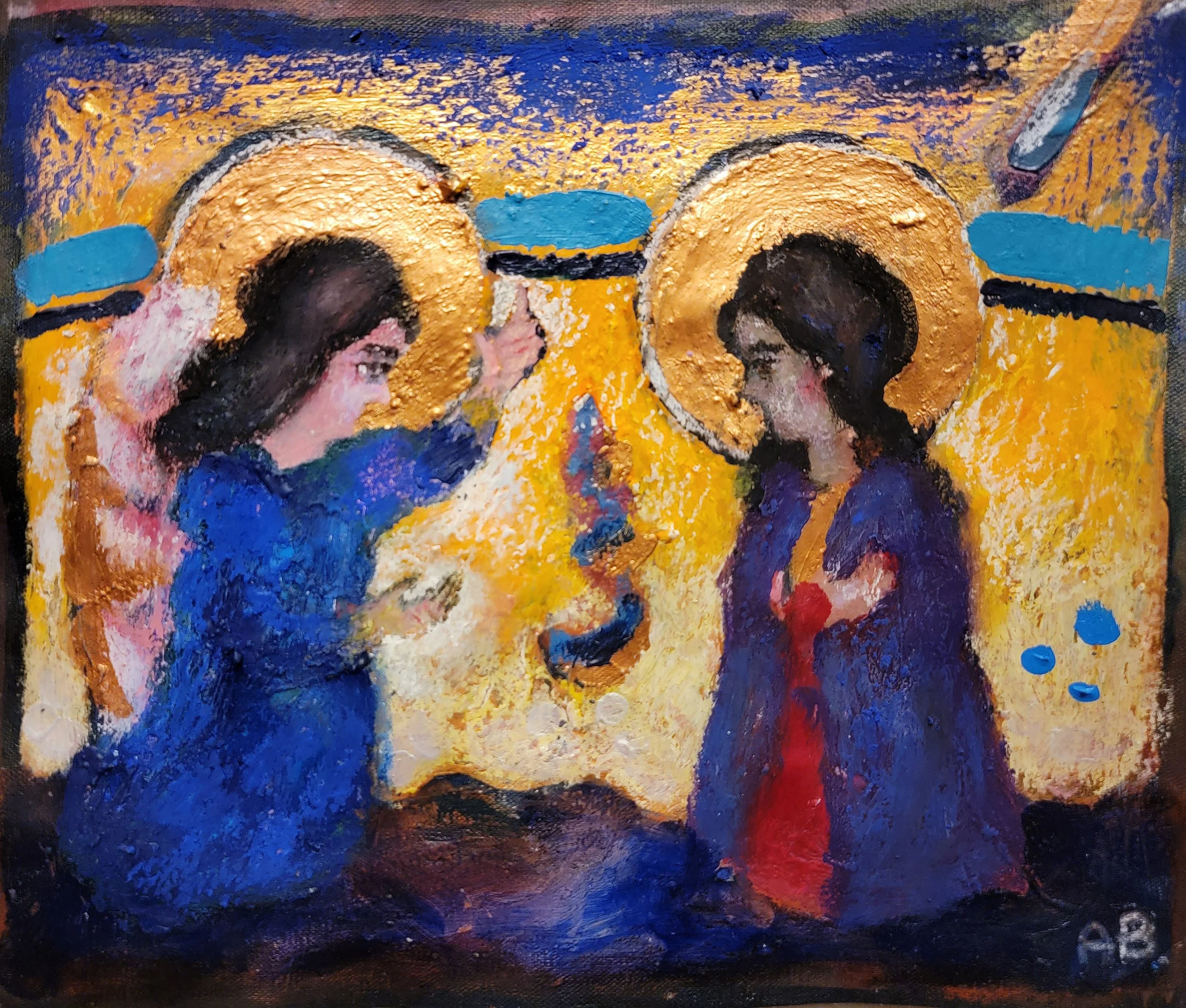 A painting depicting two women with halos, one holding a glass while the other holds a small object, set against a gold and blue background, reminiscent of a religious icon.