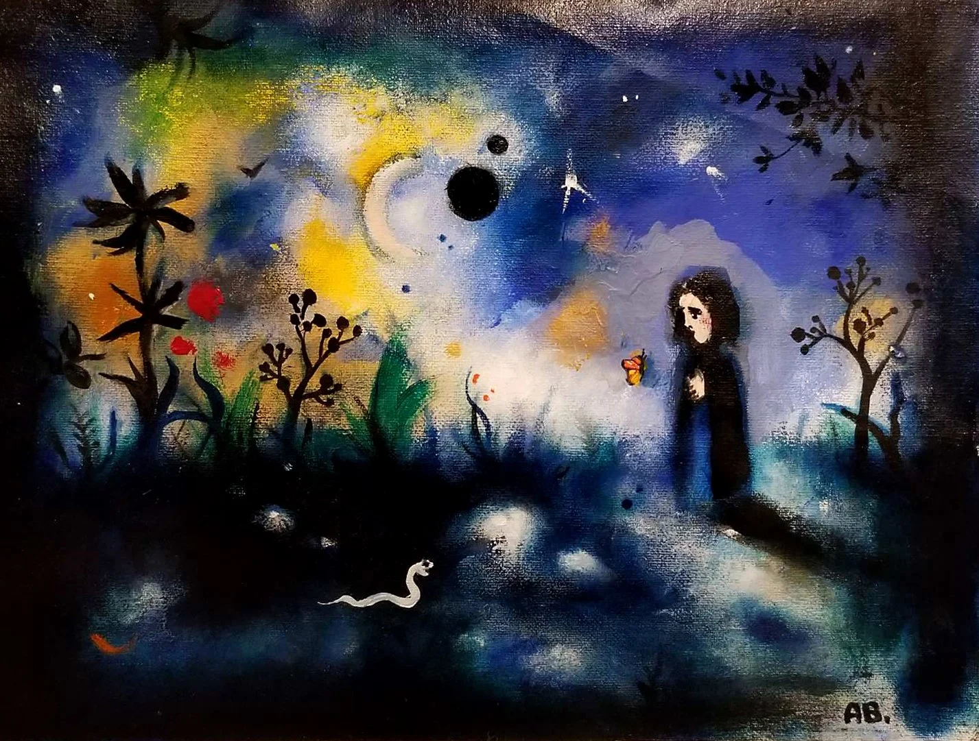 A surreal painting of a girl with black hair standing in a colorful, dreamlike landscape with plants, stars, and celestial bodies. The background features a dark sky with a bright moon, black and white planets, and small stars. A white snake is near 