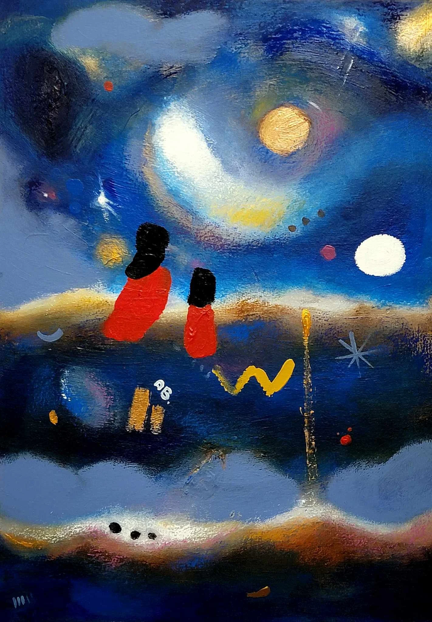 Abstract painting with dark blue background, featuring two figures with black hair and red clothing, looking at a colorful, cosmic sky filled with glowing orbs and stars.