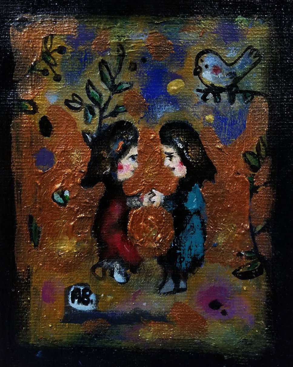 A vibrant painting depicting two women with dark hair and rosy cheeks holding a large orange flower together, surrounded by abstract, colorful shapes and two cartoonish bird figures.