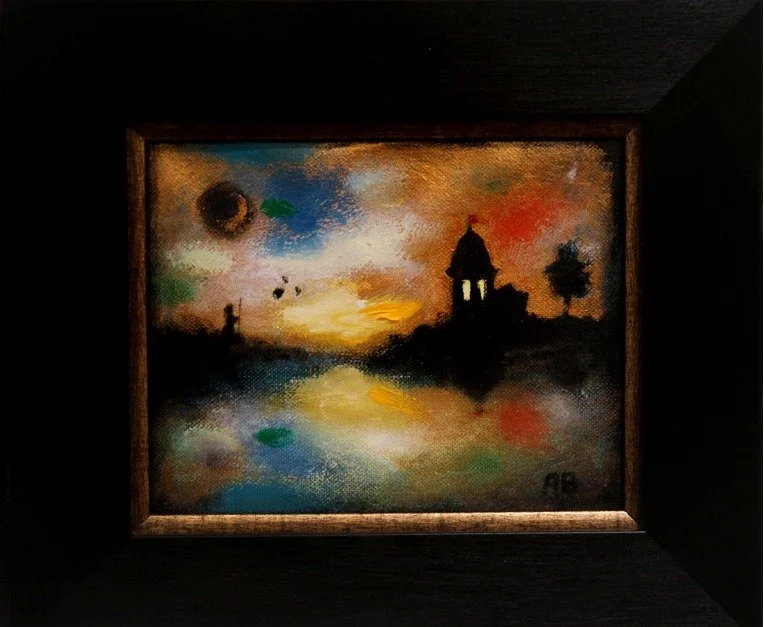 A colorful abstract landscape painting depicting a sunset or sunrise over water with silhouetted buildings and trees.