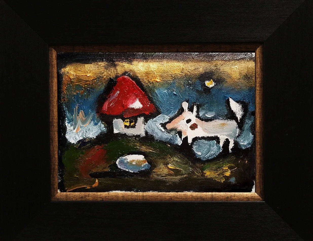 An impressionist-style painting of a small house with a red roof, a white donkey, a black and white cow, and a dark sky with scattered stars.