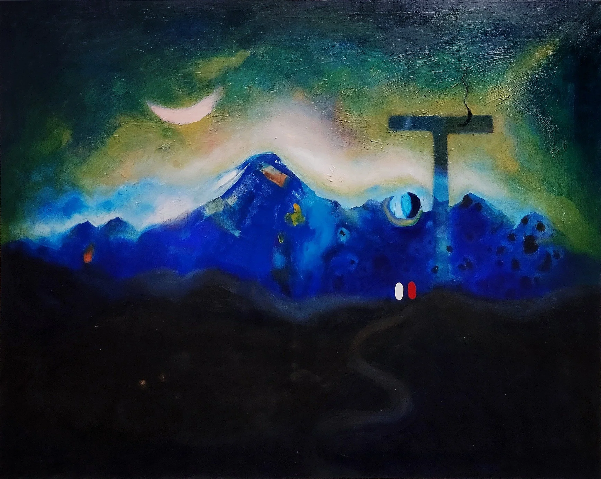 An abstract landscape painting of Anton Balanchivadze featuting a mountain with a snowy peak, set against a colorful sky with a crescent moon and swirling clouds. In the foreground, there is a dark, winding path leading toward a large cross  
