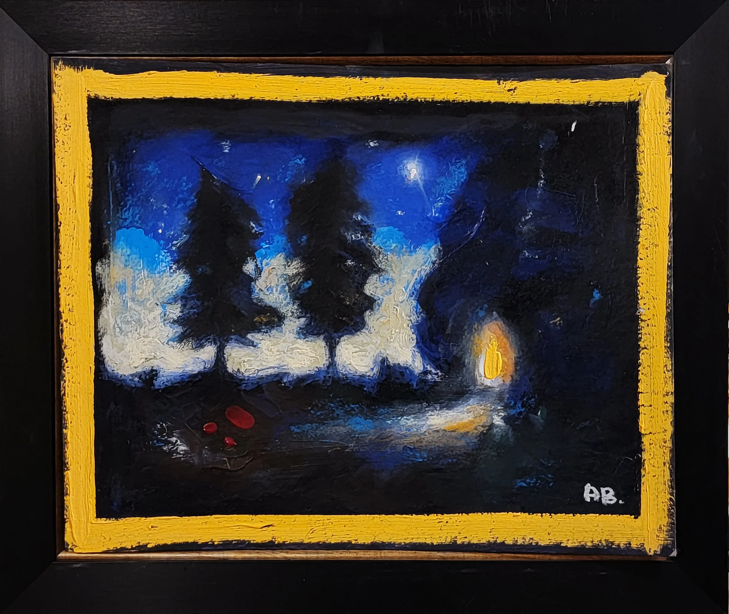 A painting of a nighttime snowy forest scene with three pine trees, a bright moon or star in the sky, and a yellow-lit cabin in the distance, framed with a yellow border.