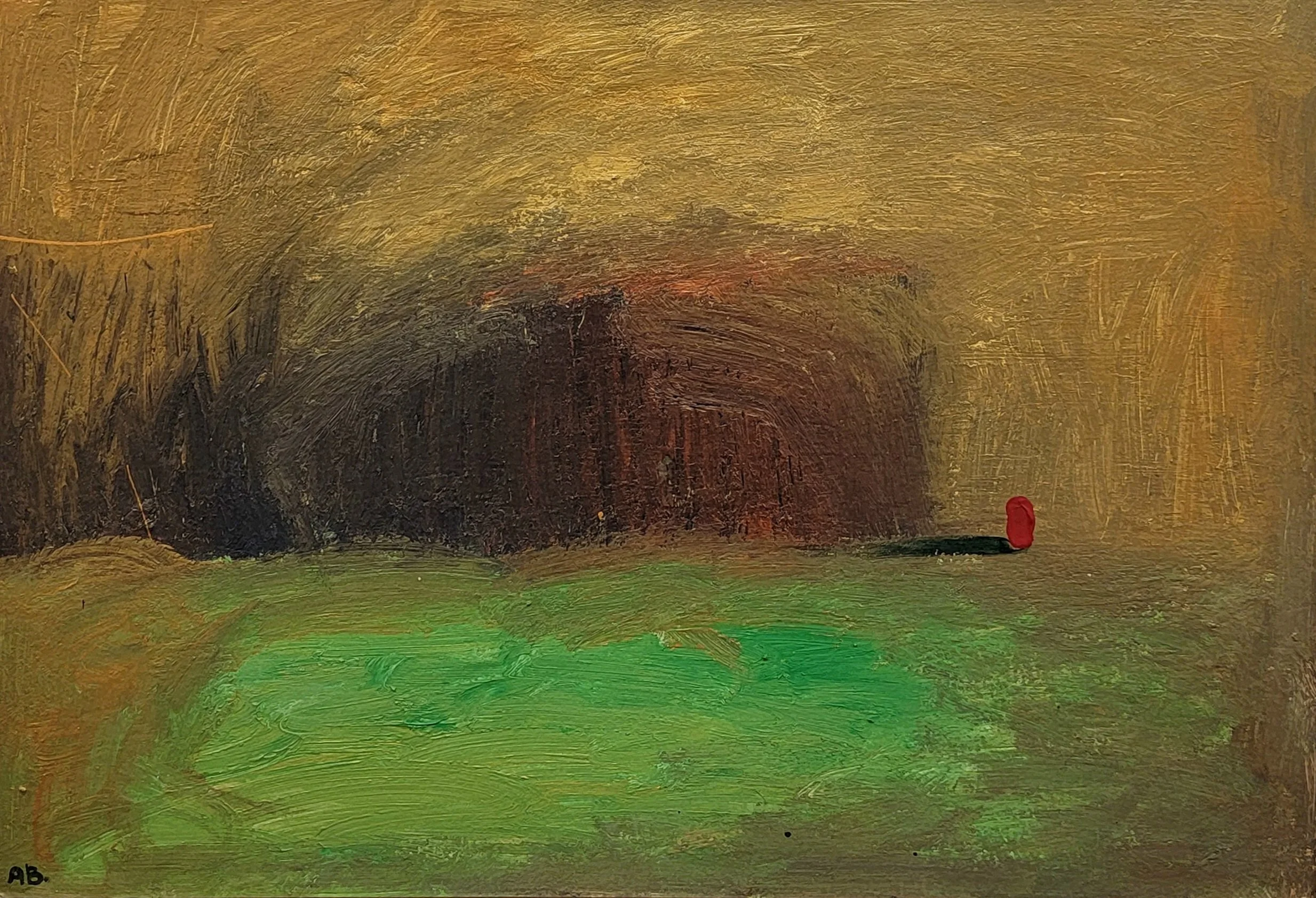 An abstract painting featuring a dark, textured mound in the center, set against a yellowish-brown background with visible brushstrokes. A small red shape is on the right side, and a bright green area is at the bottom. 