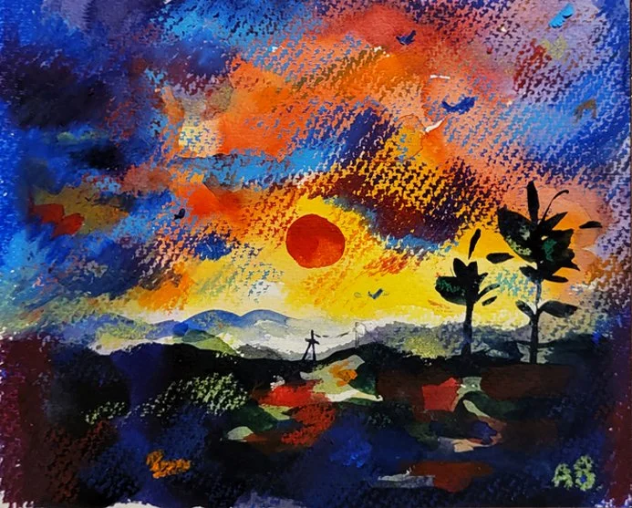 Abstract watercolor painting of a sunset with a red sun, colorful sky with clouds, and silhouettes of trees and mountains.