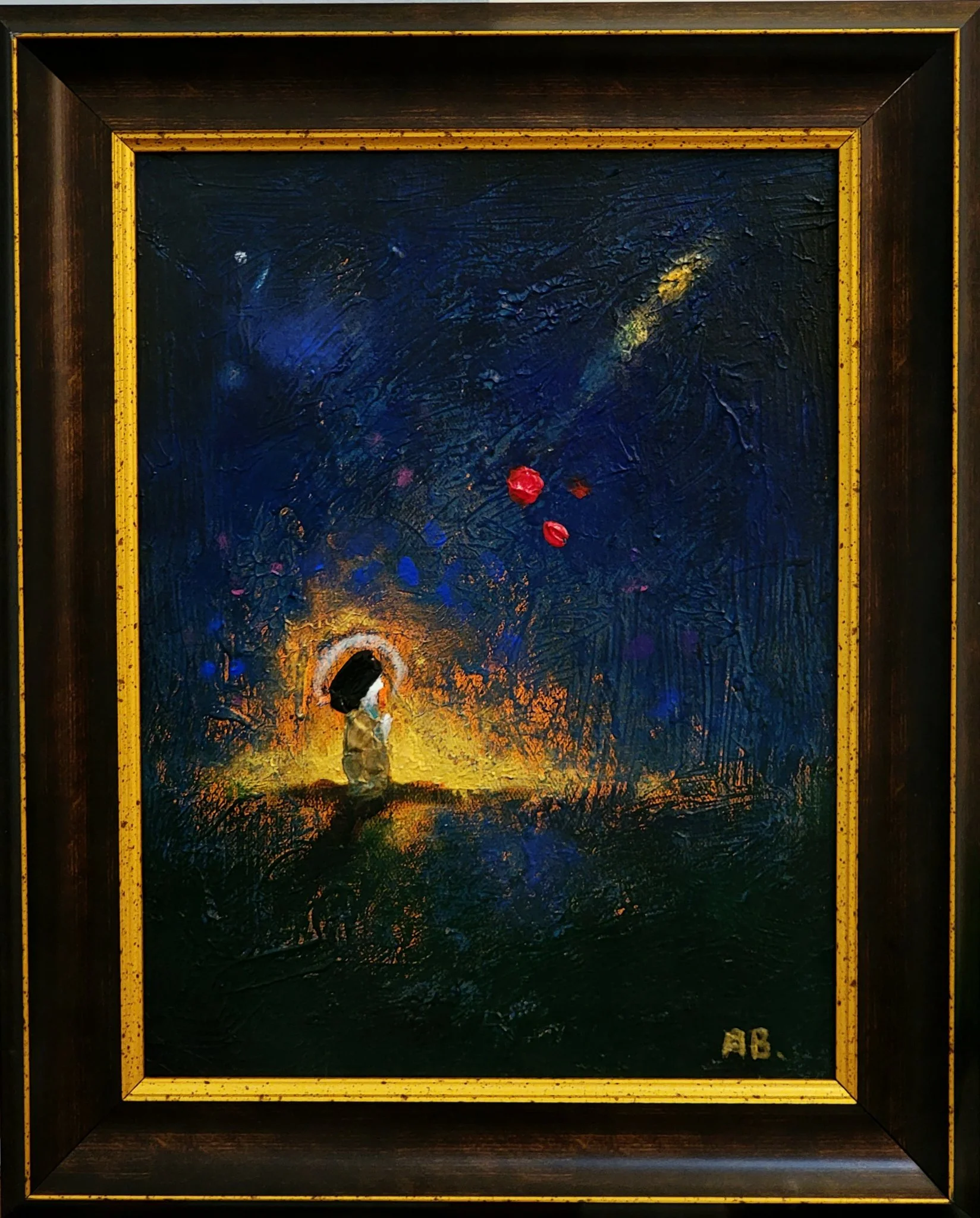 A painting of a child standing outdoors at sunset, looking up at a night sky with stars and red balloons, with an abstract background in dark and vibrant colors.