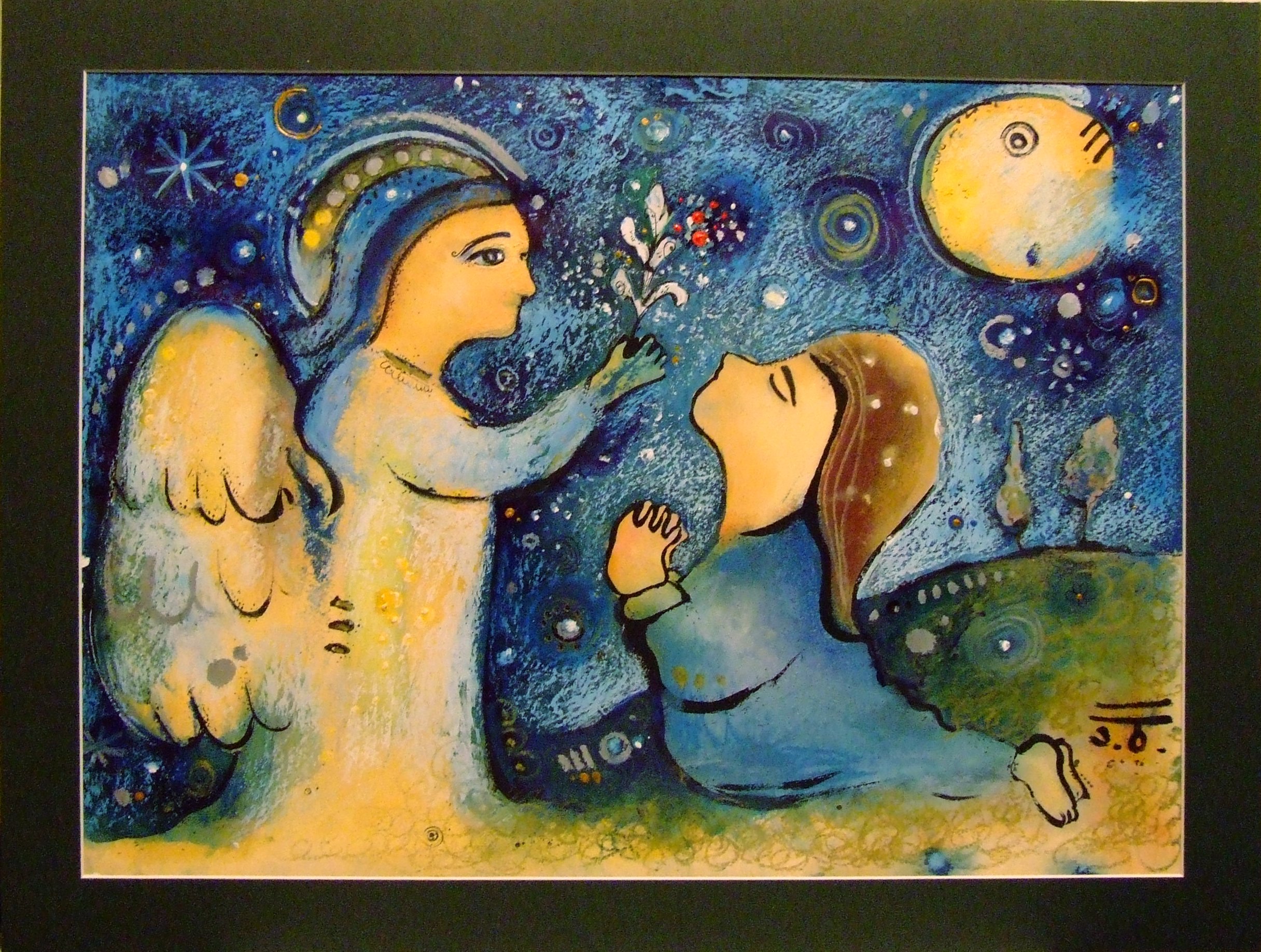 A colorful painting of an angel giving a flower to a kneeling girl under a starry night sky with moons and cosmic patterns.