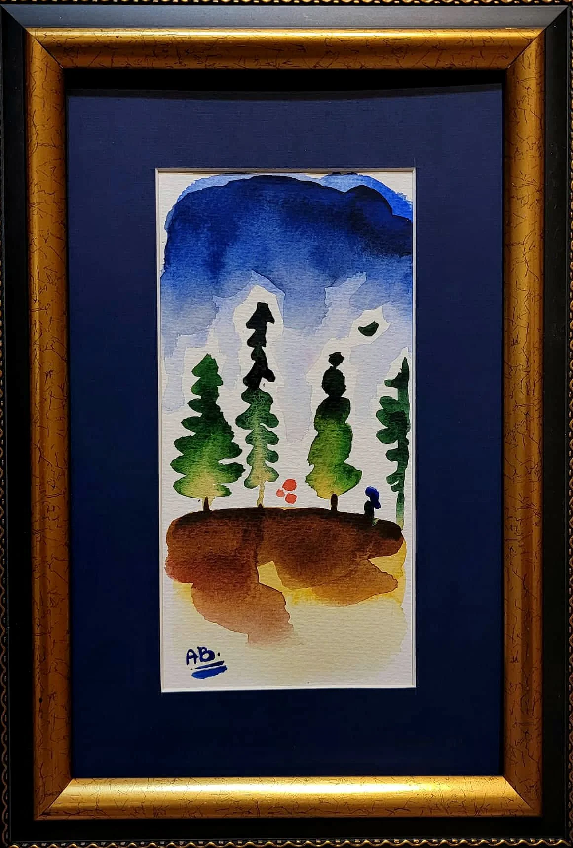 Watercolor painting of a forest scene with tall pine trees, a blue sky, and a mountain in the background, signed "AB" at the bottom left.