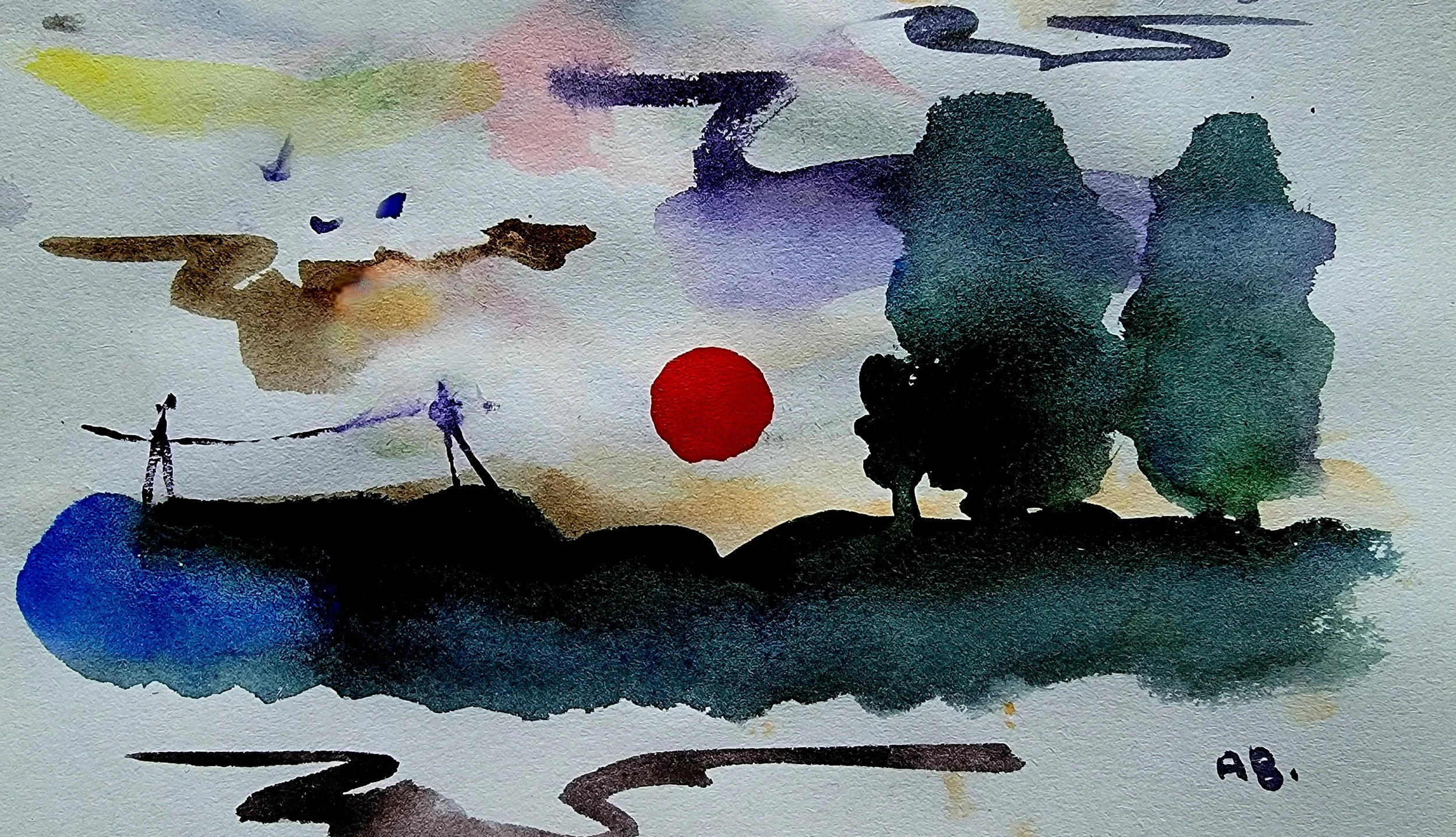 Watercolor painting of a landscape silhouette with a red sun, trees, and a winding path, with a colorful sky in the background.