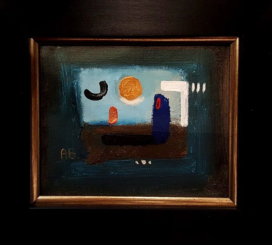 Abstract painting with shapes resembling a sun, a face, and a figure, signed 'AB' in the lower left corner.