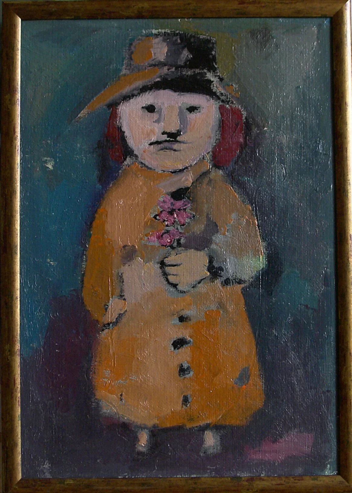 Painting of a child wearing a large brim hat, an orange coat, and holding a bunch of pink flowers.