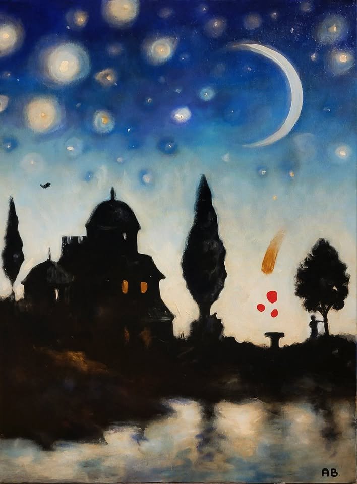 Silhouette of buildings, trees, and a water body under a night sky with a crescent moon, stars, and abstract orange and red paint splashes. A man’s silhouette is visible, leaning against a tree and looking this way