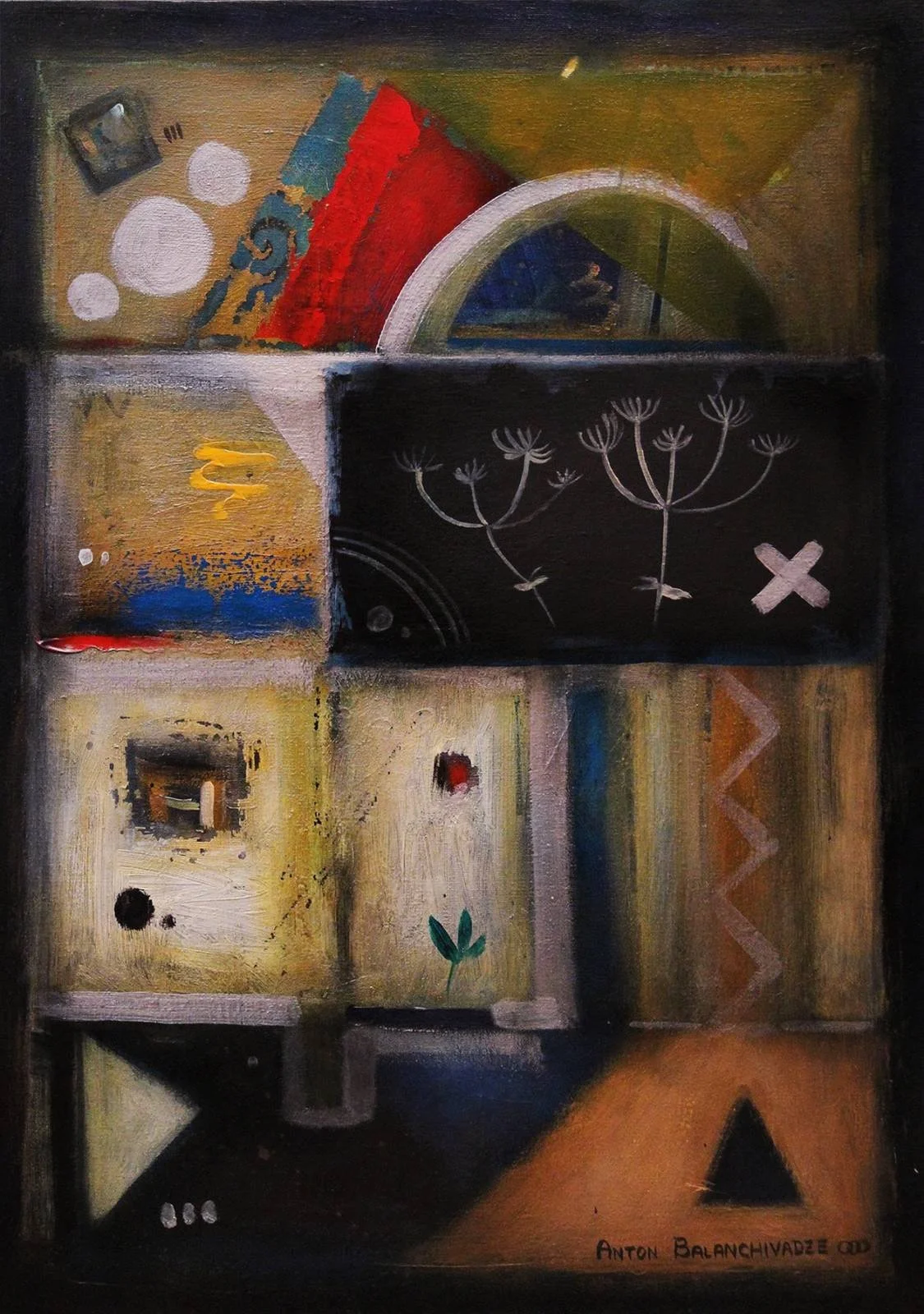 An abstract painting with various geometric shapes and organic forms in colors like black, white, beige, red, blue, green, and yellow. The composition includes circles, lines, flowers, and patterns, with the artist's signature 'Anton Balanchivadze' a