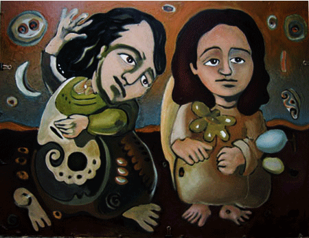 Two children with dark hair and somber expressions sitting on the ground surrounded by floating eyeballs, skulls, and abstract shapes in a surreal, dark-toned background.