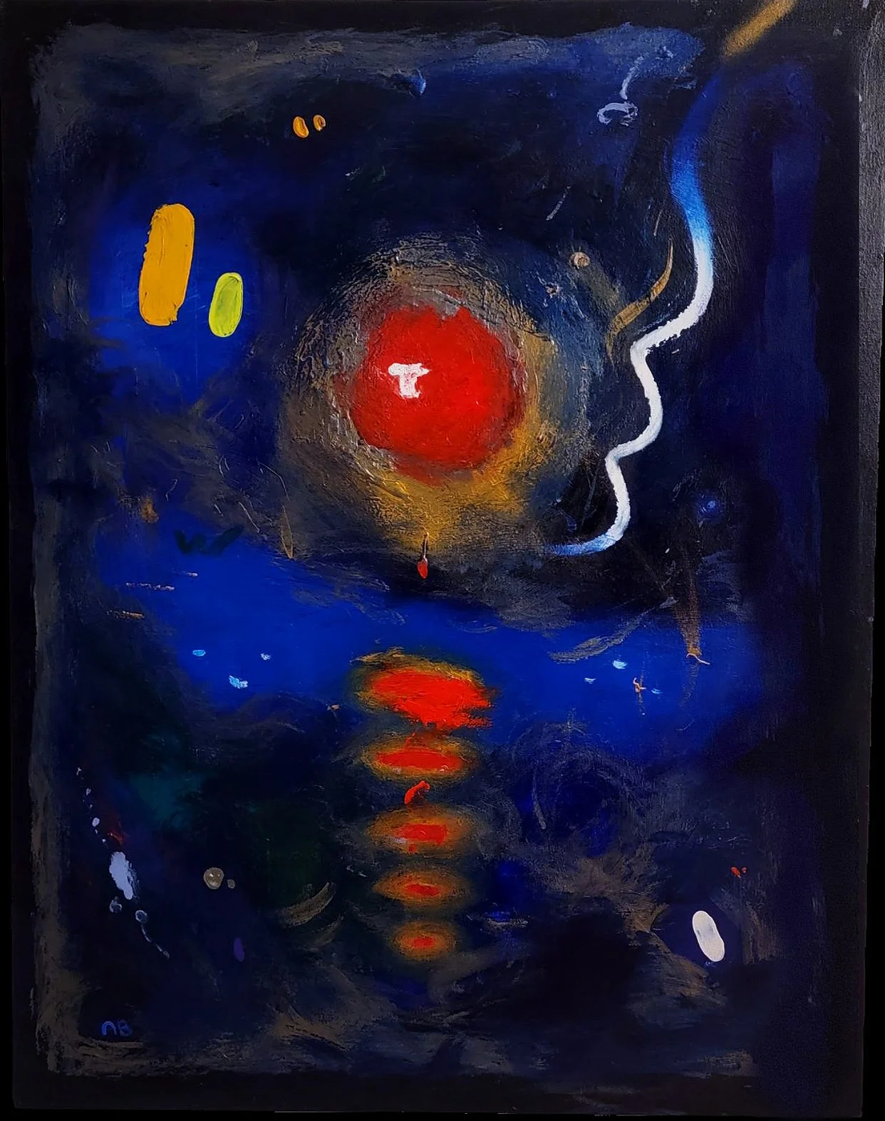 Abstract painting with a large red circle in the center surrounded by dark blue and black colors, with yellow and green strokes on the left and a white wavy line on the right, reflecting on a water surface.
