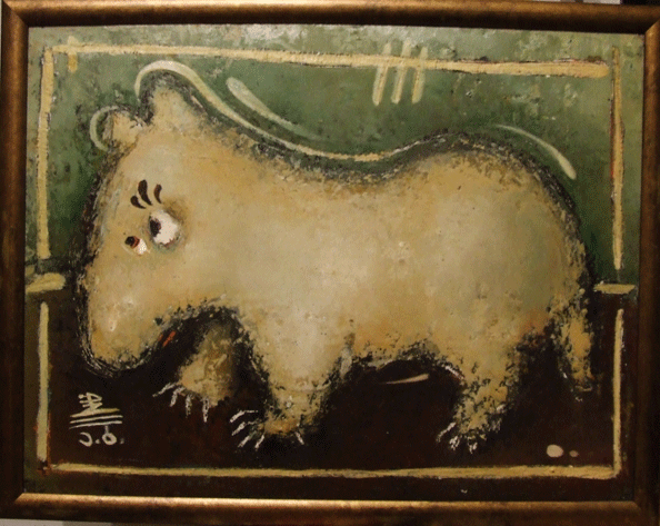 A framed painting of a cute, cartoonish capybara with exaggerated eyes and a simplified body, set against a green background.