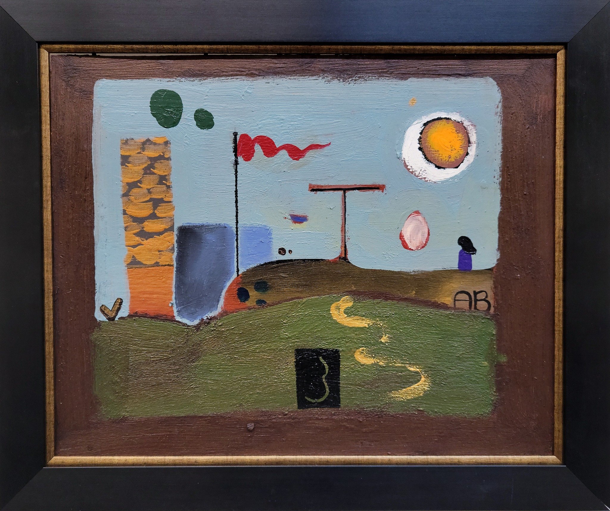 Abstract landscape painting with a winding yellow path, a black door, a grassy hill, a sun, clouds, a tall building, a flag, and abstract figures and shapes.