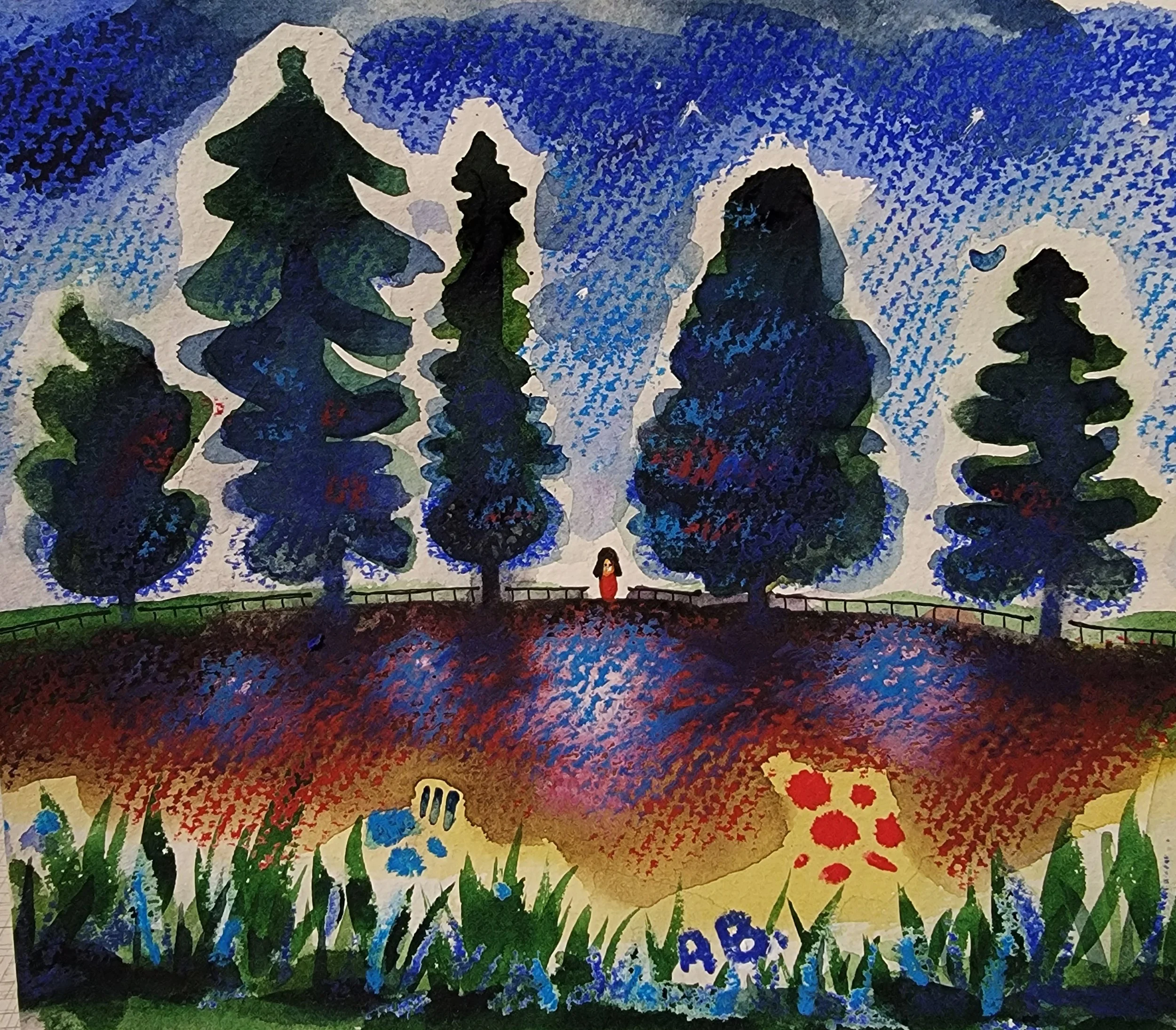 A colorful abstract painting of a landscape with five tall, dark trees, a person in a red dress, a hill with red and blue patterns, grass with blue flowers, and a bright blue sky.
