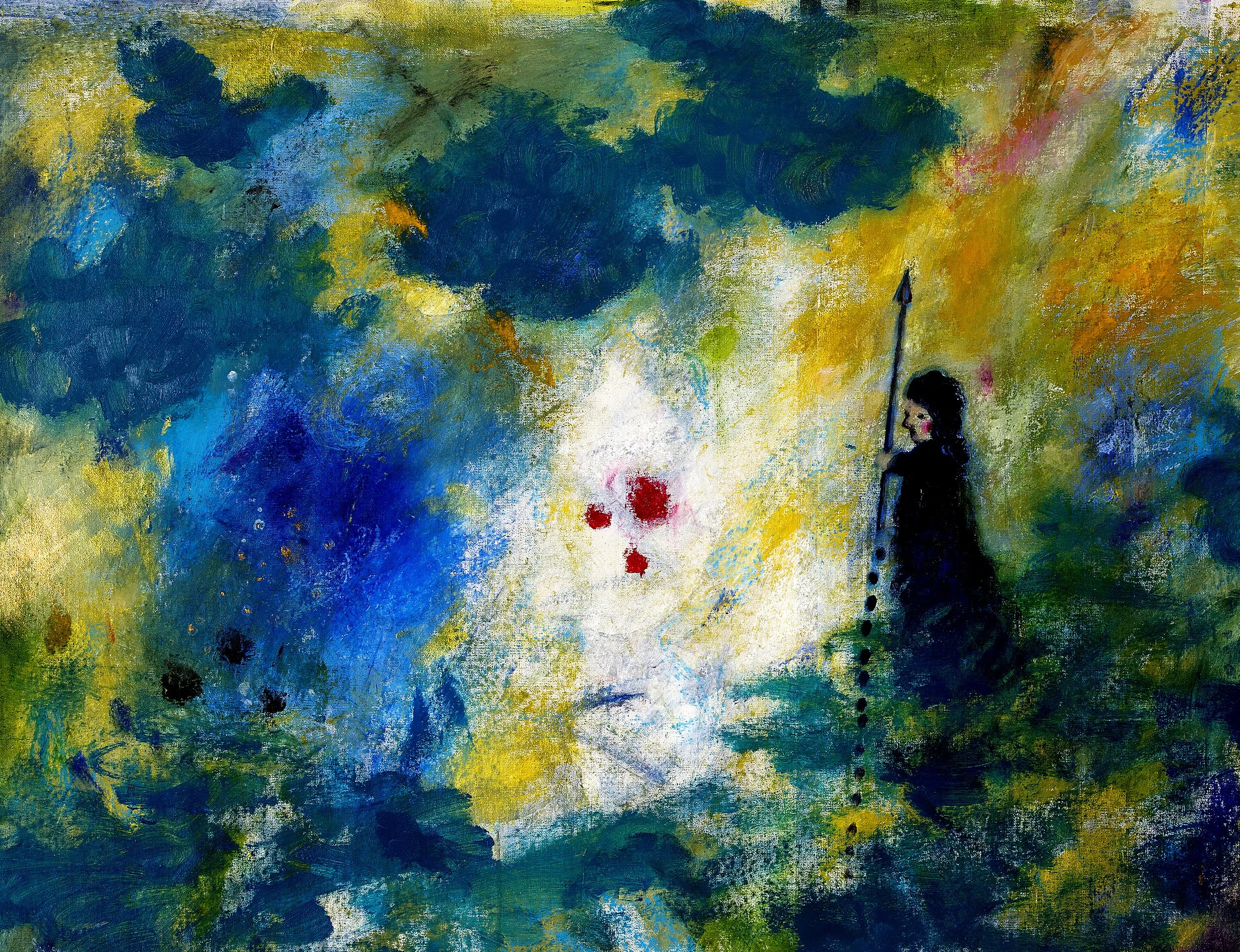 Abstract painting with dark clouds, bright yellow and blue hues, and a woman in black holding a spear on the right side, facing a face-like shape made of red dots in the center.