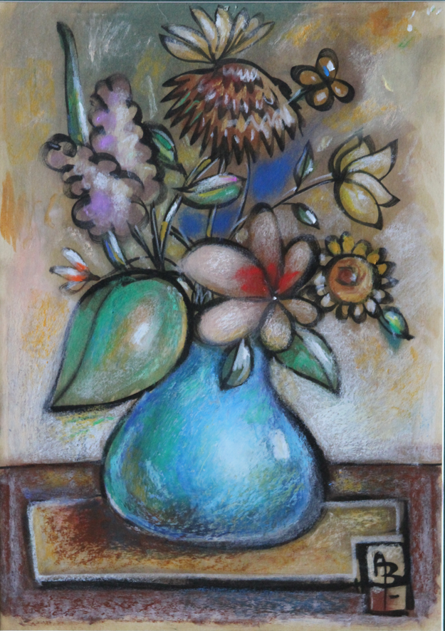 A colorful abstract painting of a bouquet of flowers in a blue vase on a table.
