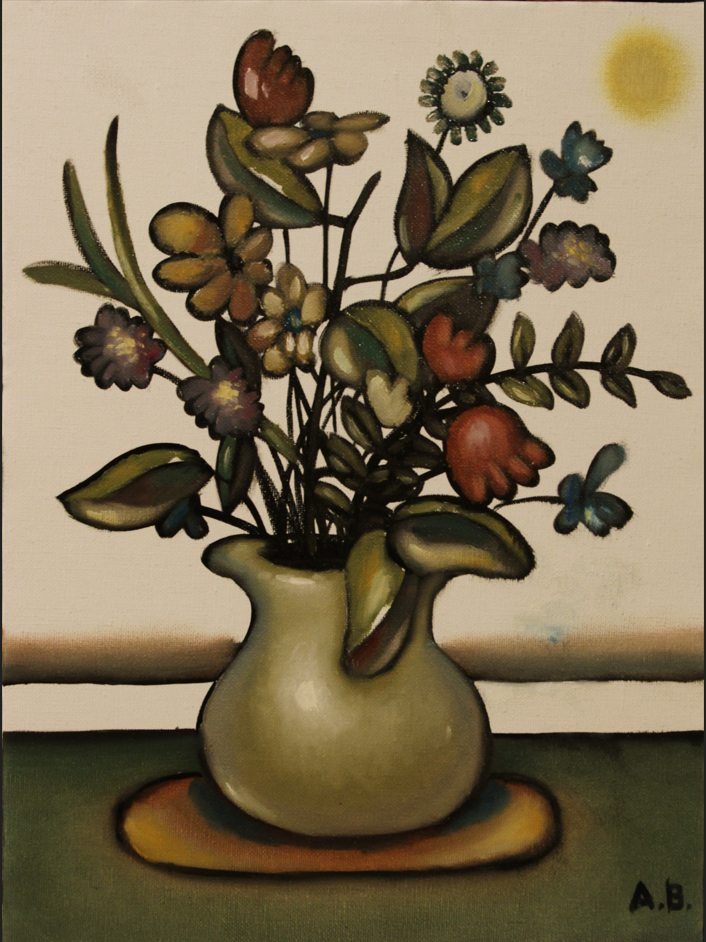A painting of a small bouquet of flowers in a beige vase on a green surface, with a bright yellow sun in the top right corner.