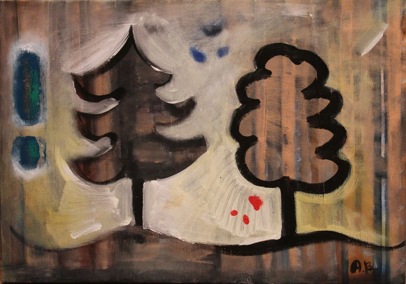 Abstract painting of two stylized trees with black outlines on a multicolored background, signed "A.B" in the bottom right corner.
