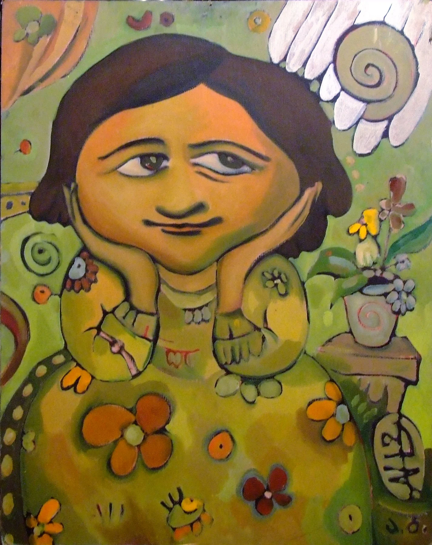 A colorful painting of a woman with a thoughtful expression, resting her chin on her hands. The background includes flowers, a potted plant, a frog, and swirling patterns, with the word 'HAPPY' on a sign.