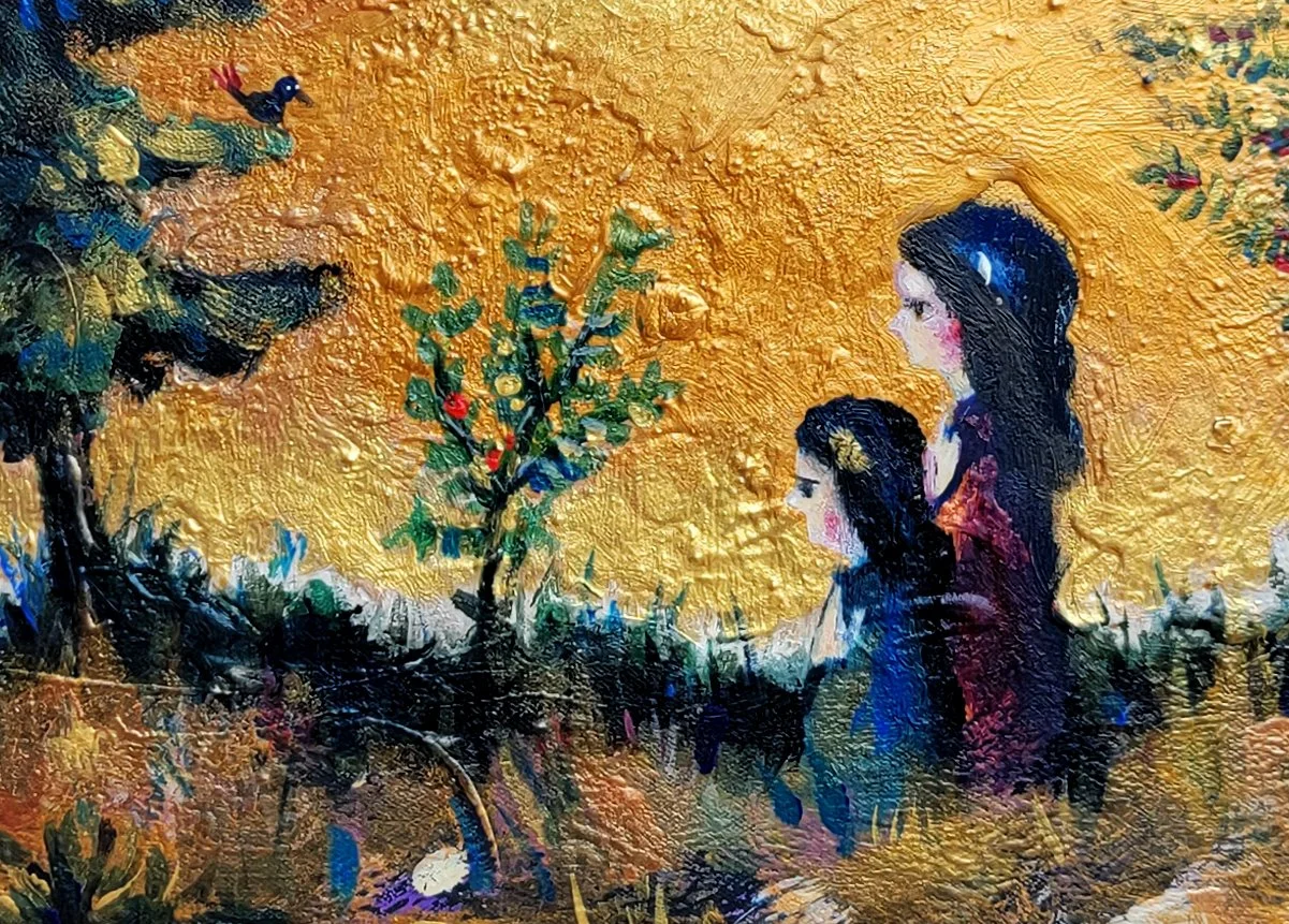 Painting of two women with long black hair and pink cheeks, standing outdoors near green bushes and a tree, with a golden background, and a bird perched on the tree.