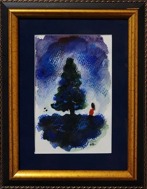 Watercolor painting of a large tree on a small patch of land with a person in a red shirt sitting underneath, surrounded by blue and purple tones.