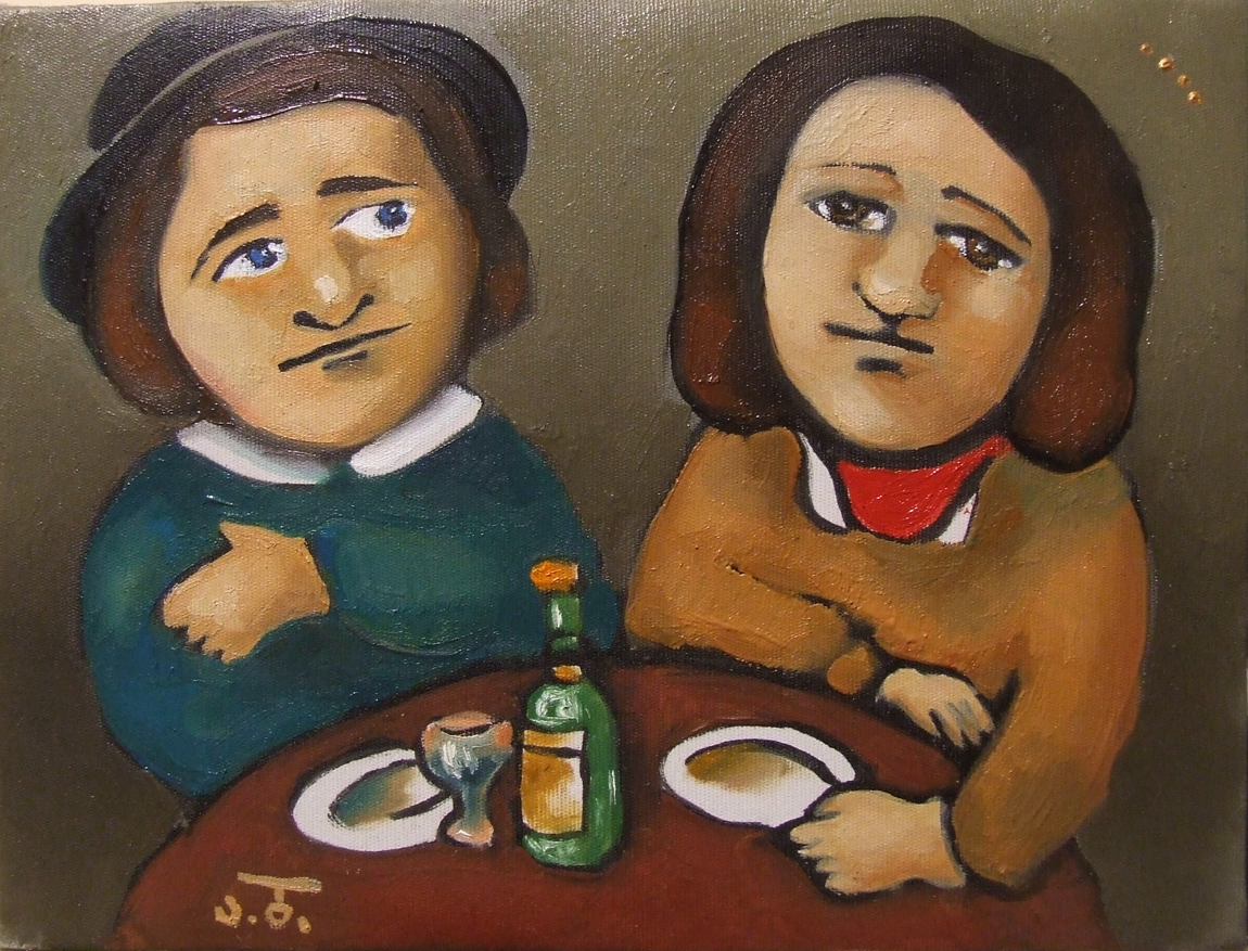 A painting of two women with sad expressions sitting at a table with plates, a bottle, a glass, and a salt shaker.