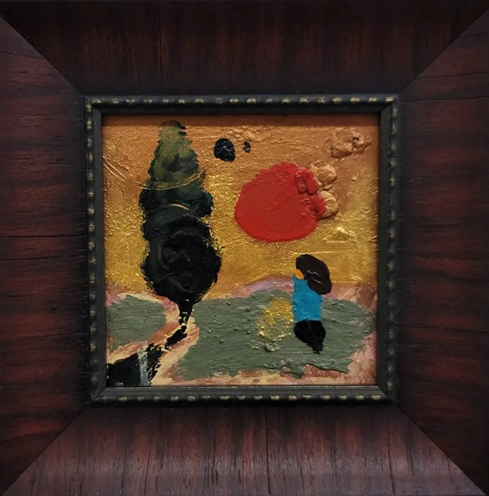Abstract painting of a large orange sun, a figure with black hair and blue clothing, trees, and textured landscape, framed in a dark wooden frame.