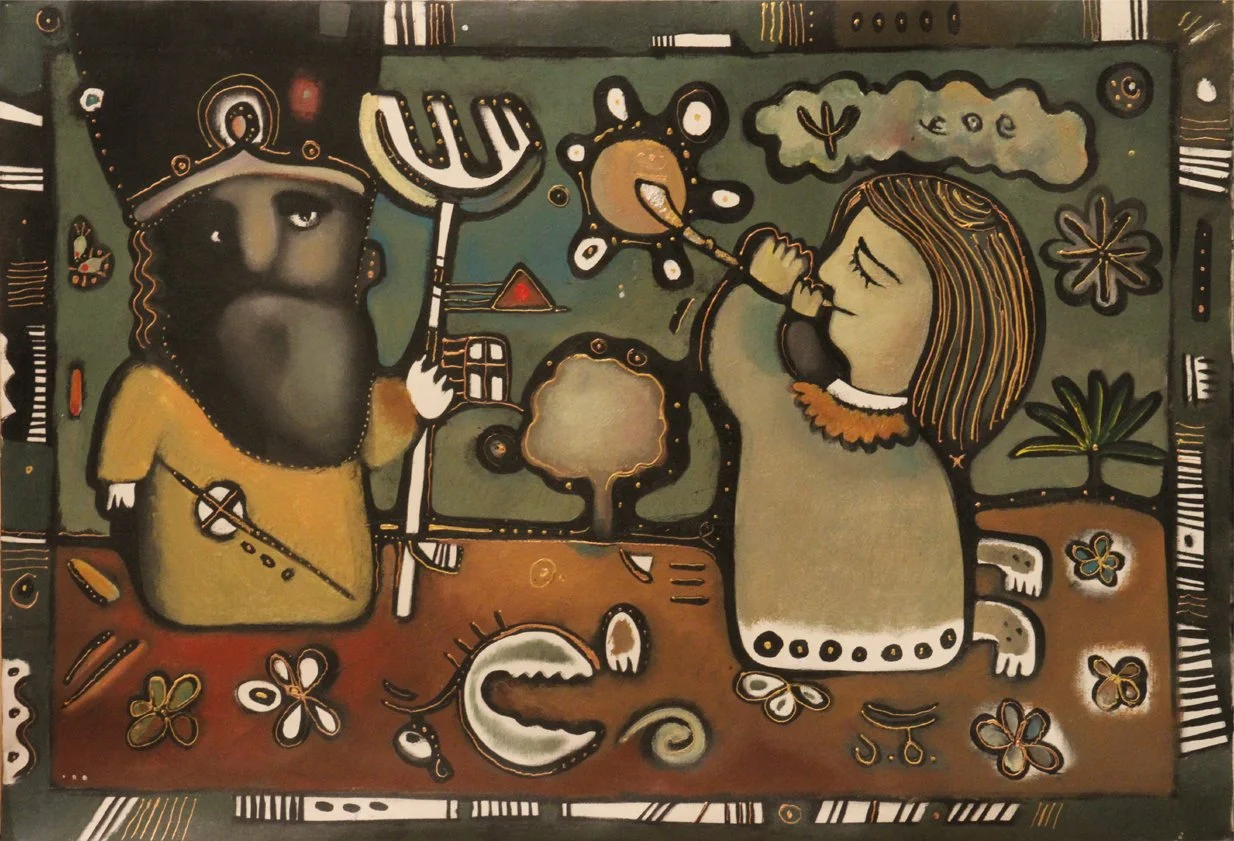 Colorful painting depicting a young girl with shoulder-length brown hair blowing bubbles with a bubble wand, and a figure dressed as a king with a crown holding a staff. The scene includes flowers, trees, and abstract shapes in the background, with a