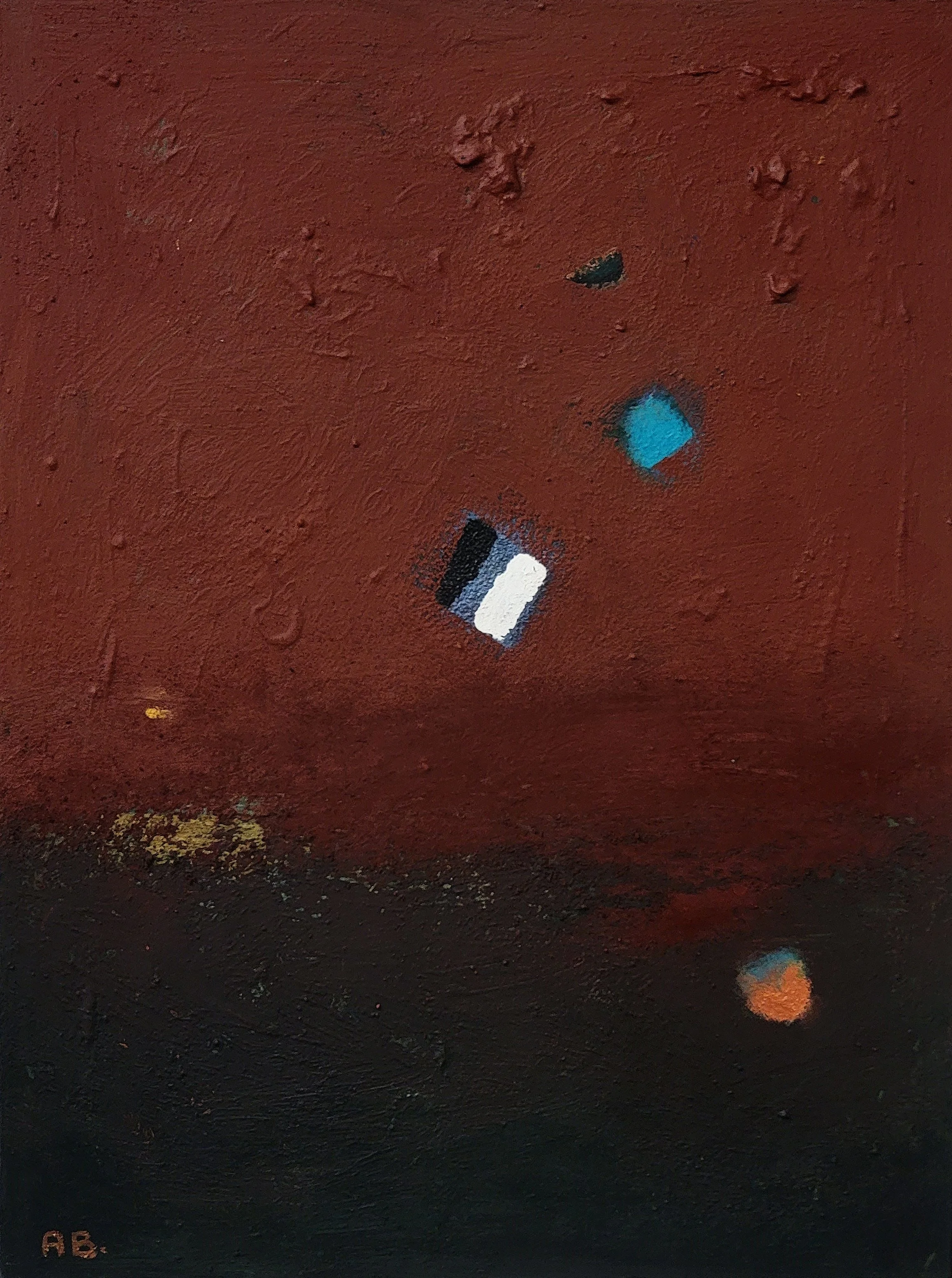 Abstract painting of a contemporary Georgian artist Anton Balanchivadze with a dark reddish-brown upper background and a black lower section. Features small, scattered, colorful geometric shapes including teal, orange, black, white, and blue.