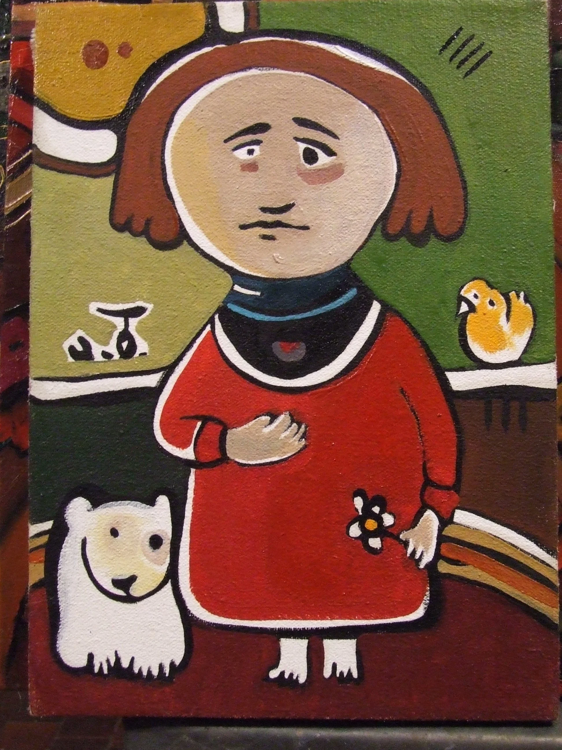 A colorful cartoon-style painting of a woman with short reddish-brown hair, wearing a red dress and a black and white collar, standing in a room with a dog and several other animals in the background.