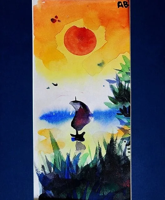 Watercolor painting of a person holding an umbrella, standing near water with greenery around, a large orange sun in the sky, and a few birds flying.