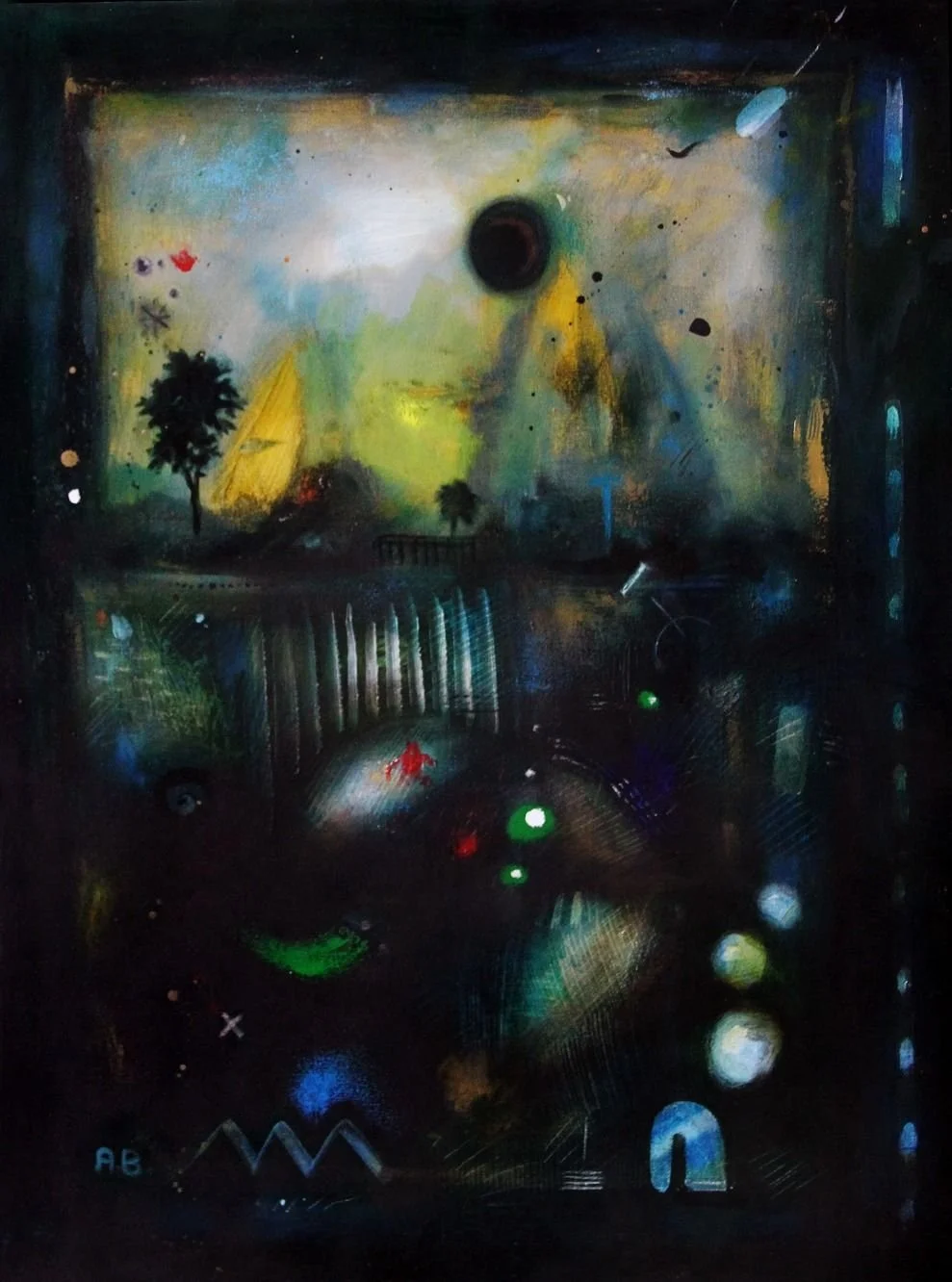 Abstract painting with vibrant colors, featuring trees, a dark circle resembling a sun or planet, and multiple geometric shapes and dots, creating a cosmic or dreamlike scene.