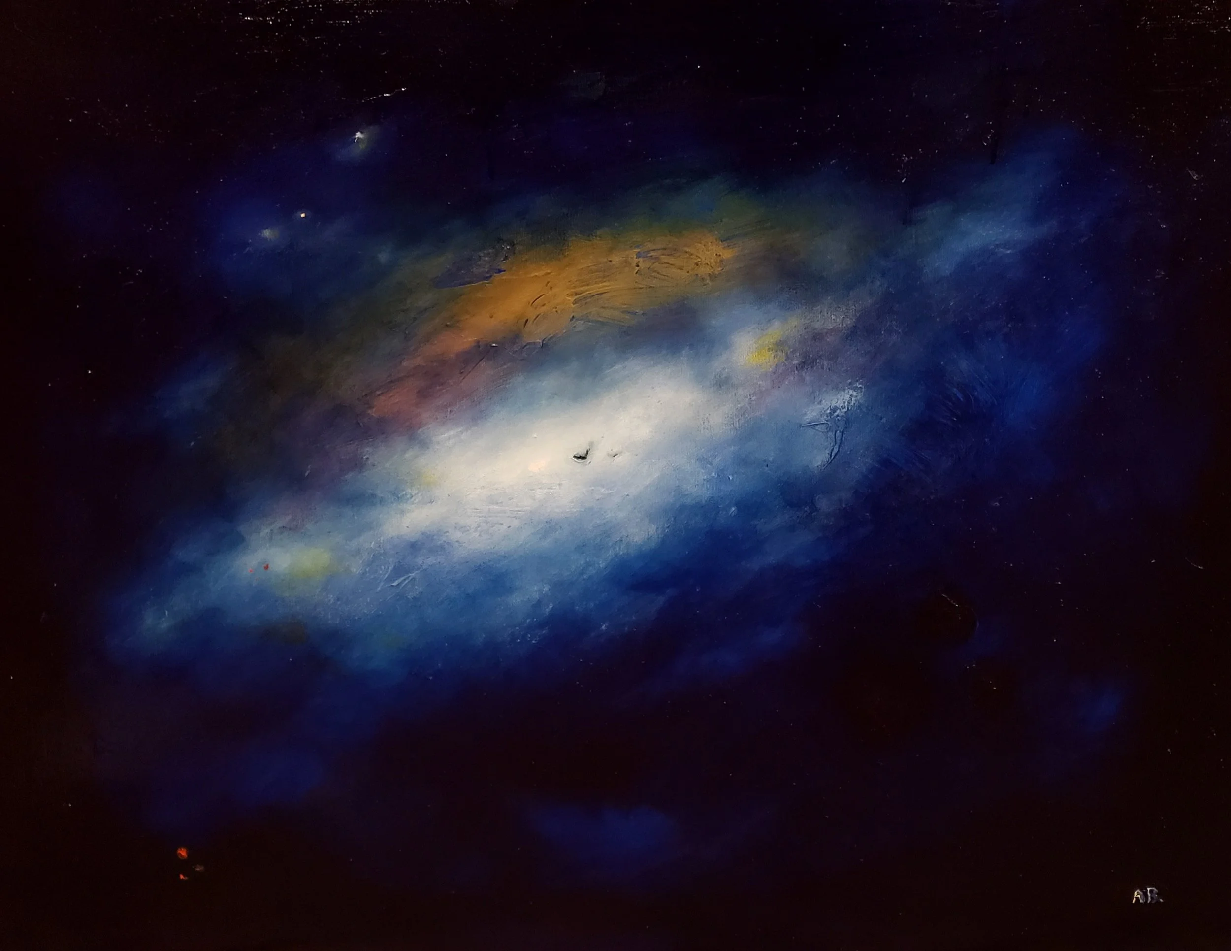Abstract colorful painting resembling a galaxy or nebula with blues, whites, oranges, and hints of yellow and red, set against a black background.