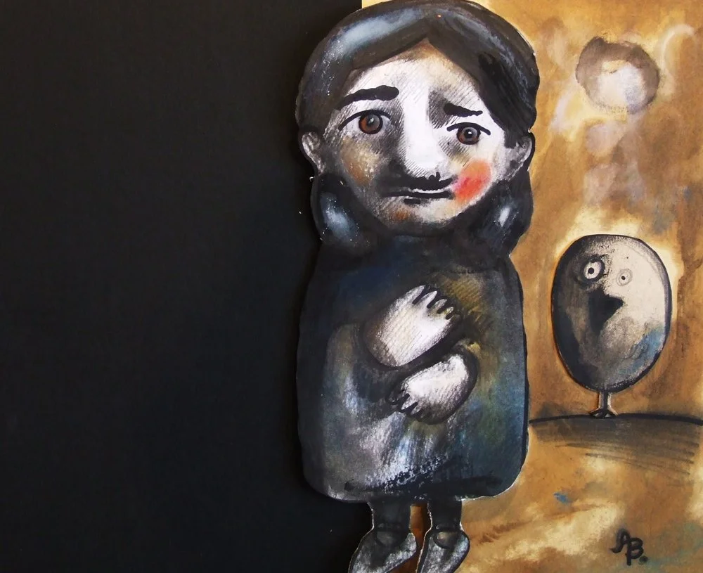 A painted illustration of a girl with dark hair, holding her hands close to her chest, with a sorrowful expression on her face. In the background, there's a talking mirror with a surprised face. The artwork has a dark, moody tone.